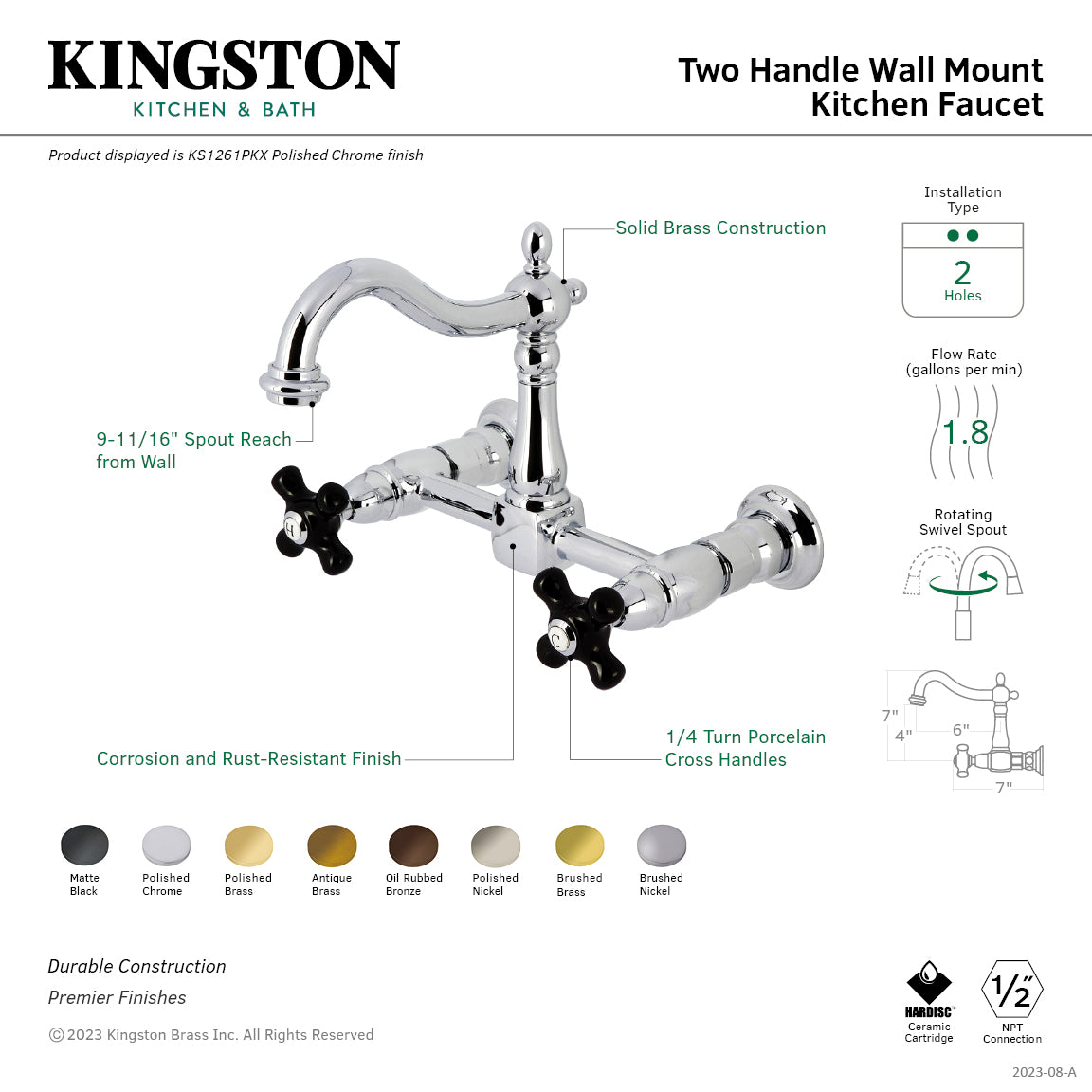 Kingston Heirloom KS1267PKX - Duchess Two-Handle 2-Hole Wall Mount Bridge Kitchen Faucet, Brushed Brass — thumbnail 2